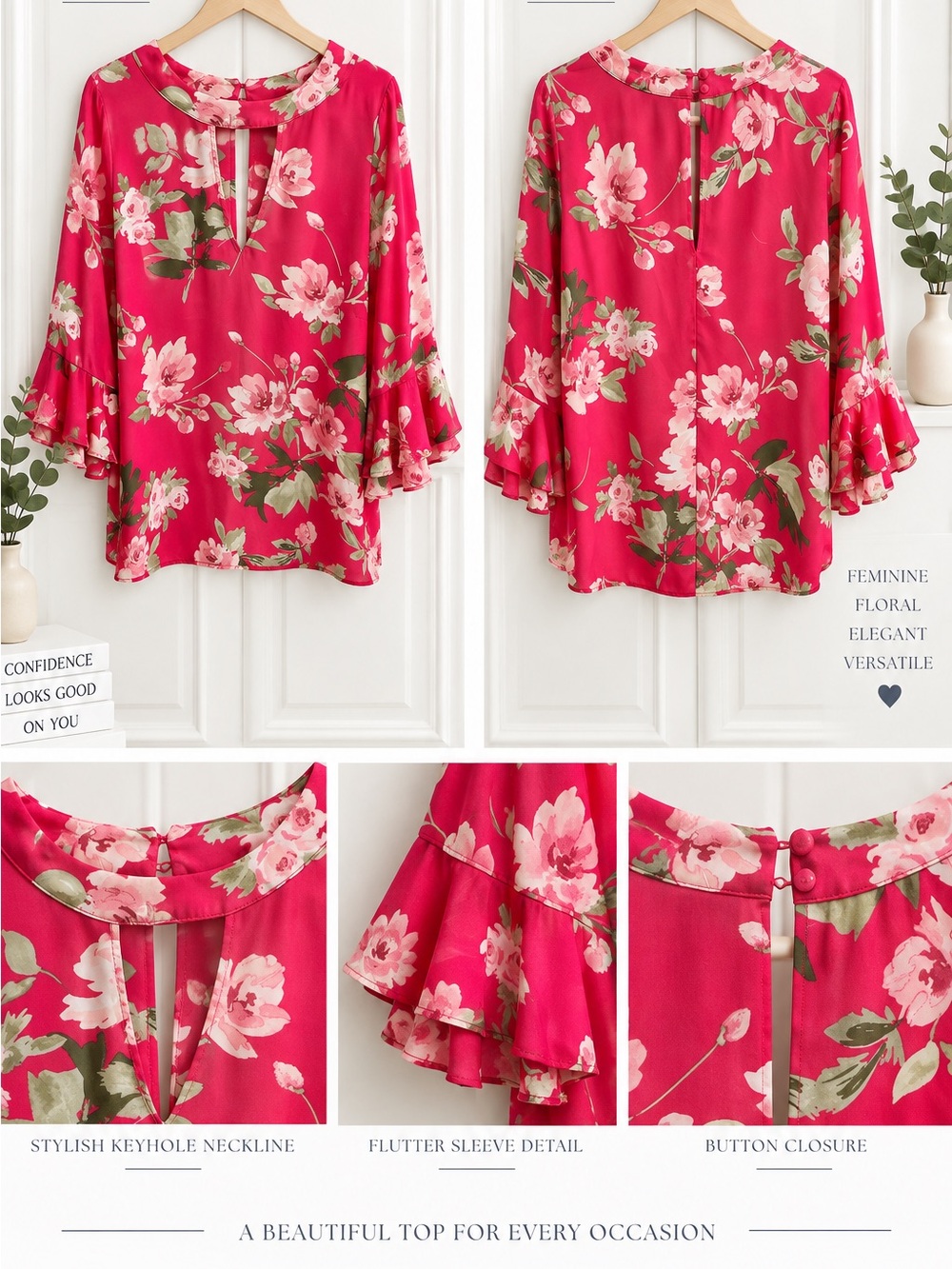 Soho Pink Floral Keyhole Flutter Sleeve Blouse